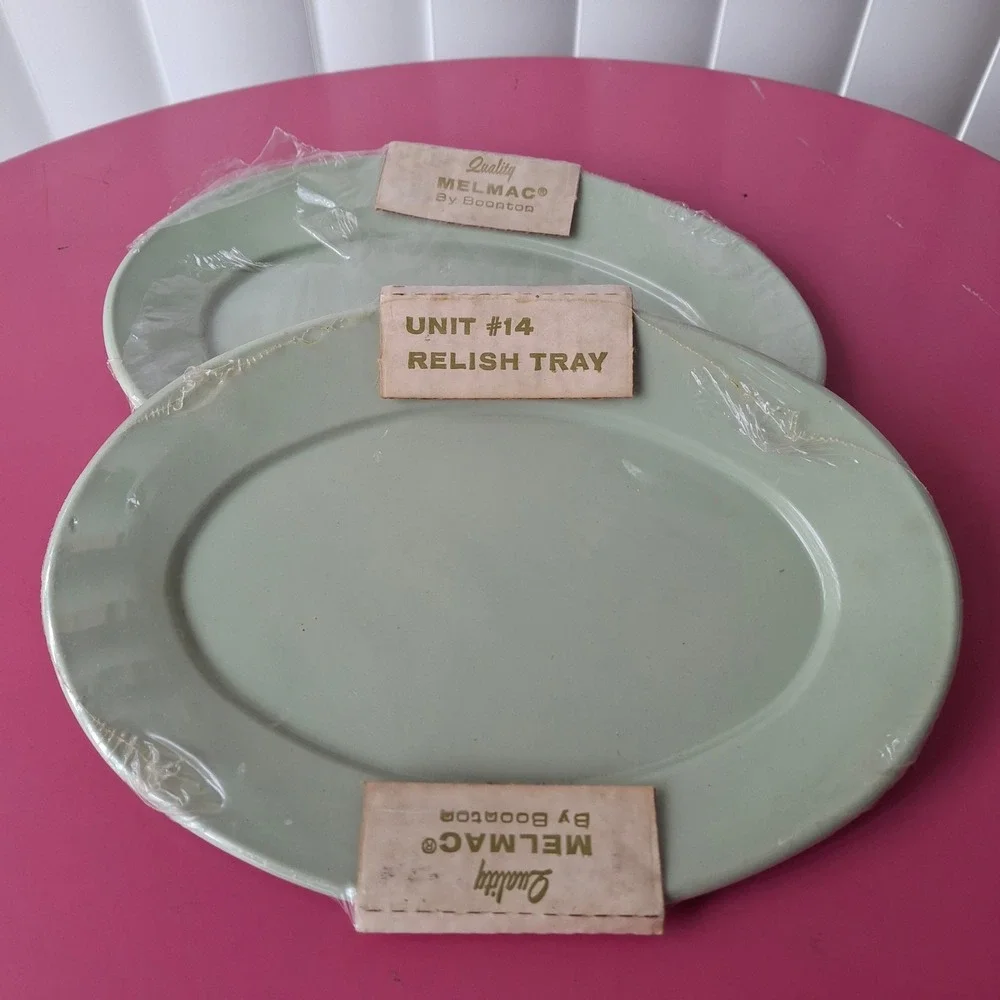 Vintage Melmac Boonton Relish Tray Small Platter Set 2 Sage Green MCM Melamine